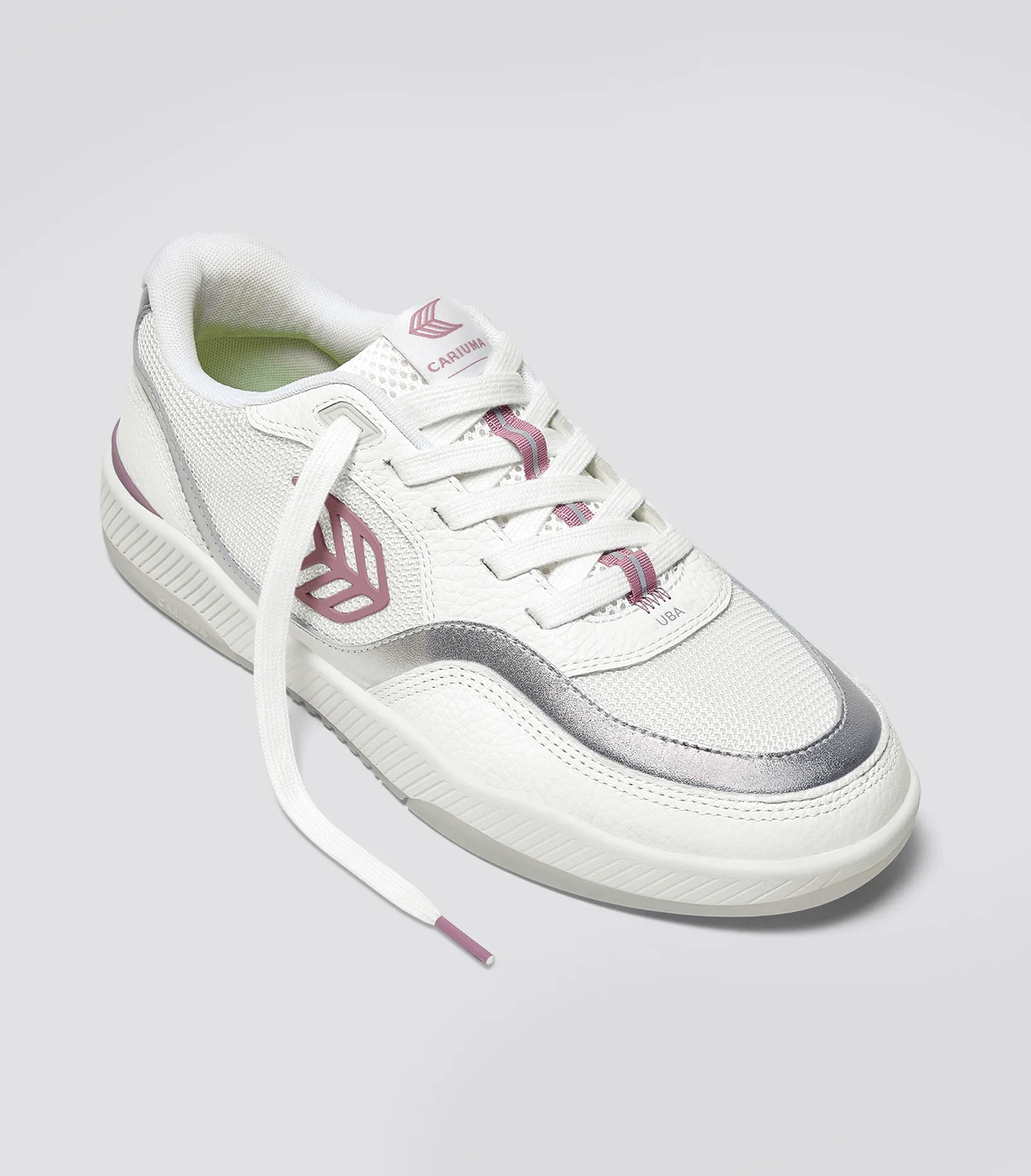 UBA White Leather and Suede Blush Pink Logo Silver Accents Sneaker - Image 3